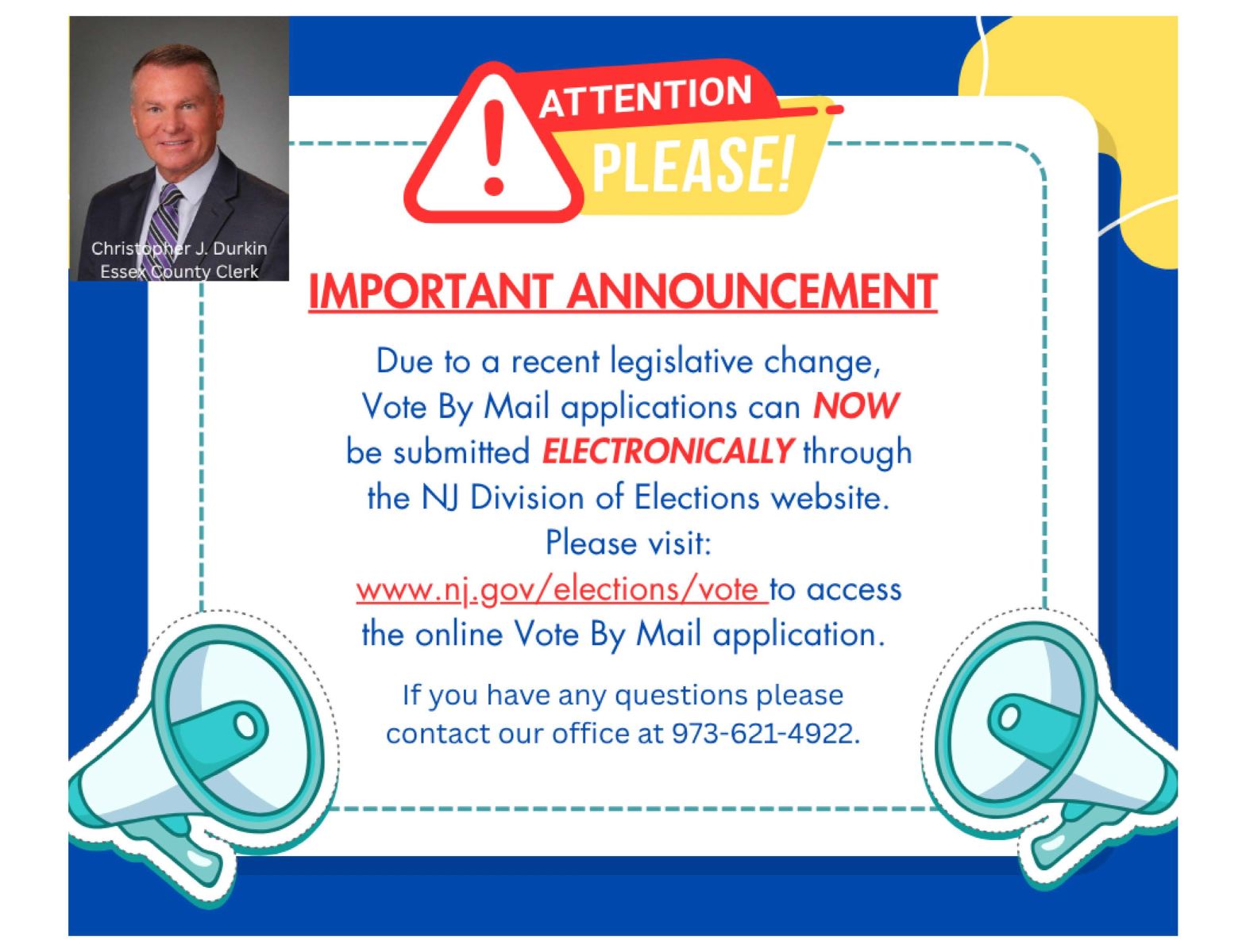 Important announcement graphic about NJ vote by mail application submission online, with warning icon, megaphones, and official notice design